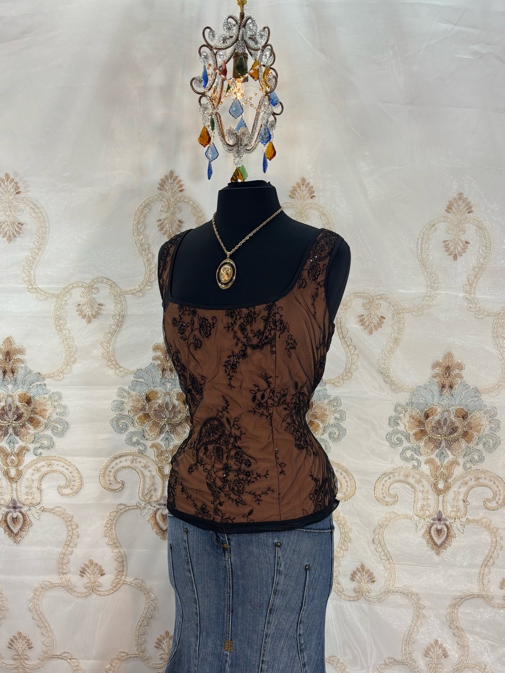 ✨Vintage Y2K Bohemian Black Mesh Floral & Paisley Shimmer Crinkle Corset✨